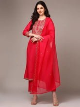 Women Pink Silk Blend Yoke Design Straight Kurta Trouser With Dupatta PKSKD1992